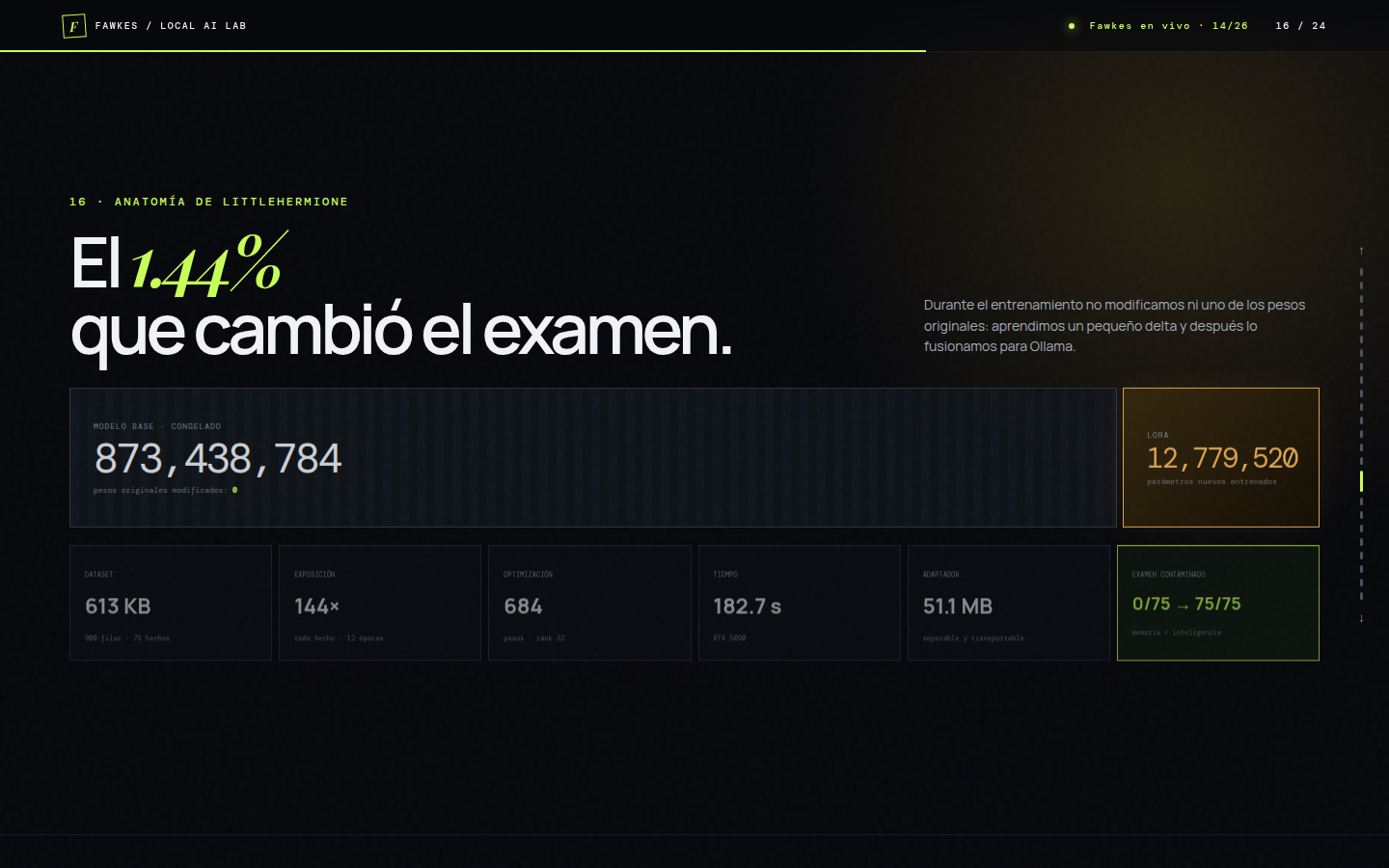 Cifras del experimento littleHermione con pesos base, parámetros LoRA, dataset y tiempo de entrenamiento