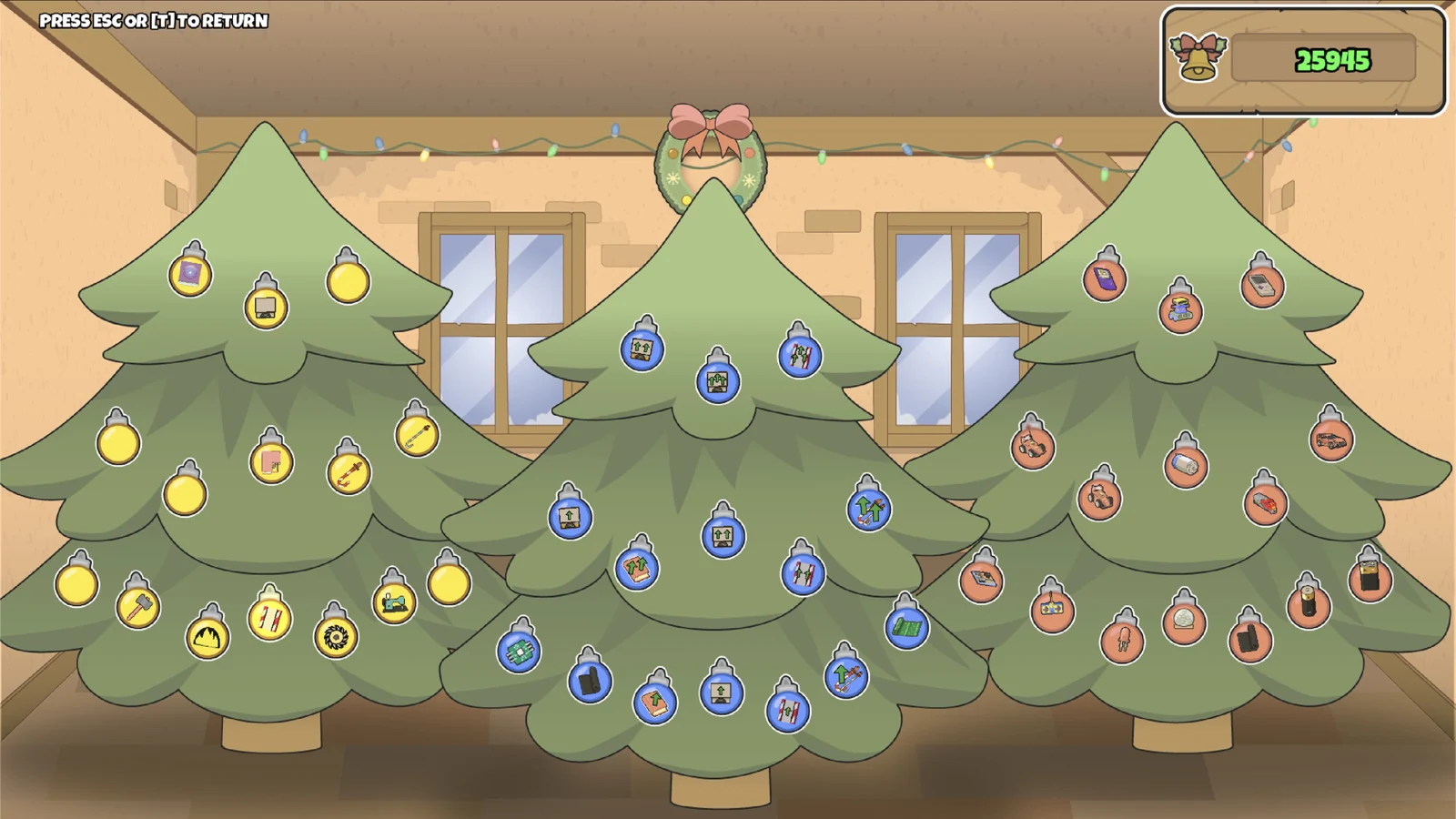 Elfgineer research tree displayed as three Christmas trees with technology icons hanging as ornaments