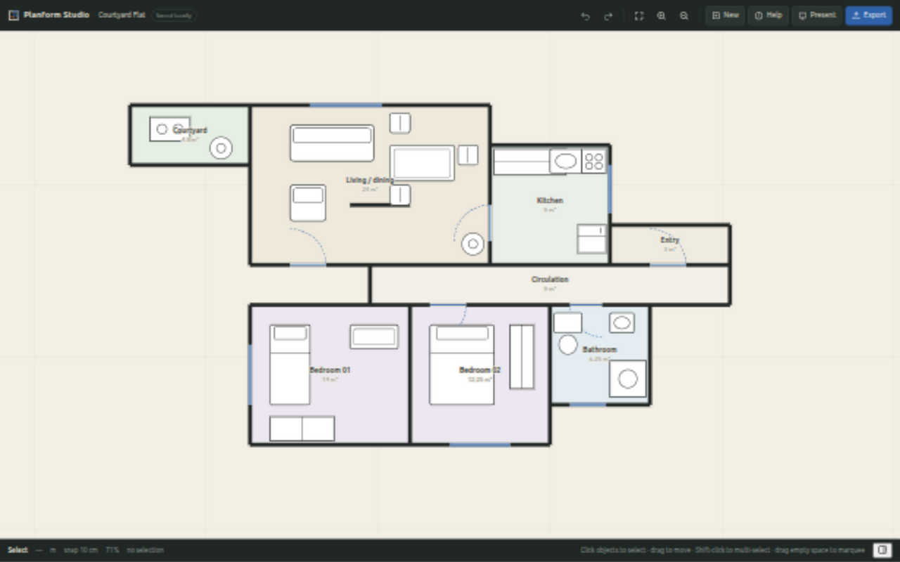 Planform Studio showing a complete furnished eight-room apartment floor plan