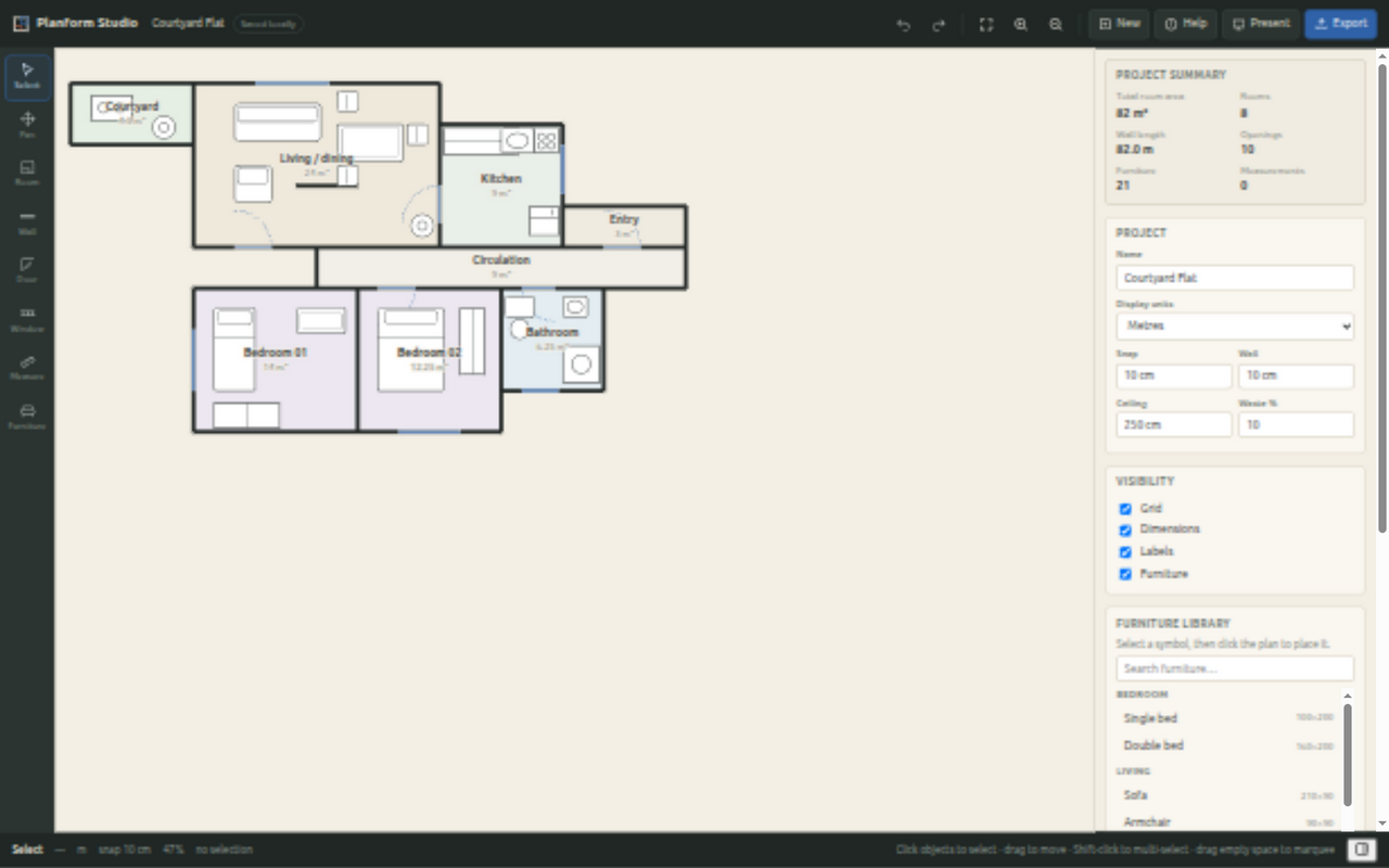 Planform Studio editor with drawing tools, project summary, settings, visibility controls, and furniture library