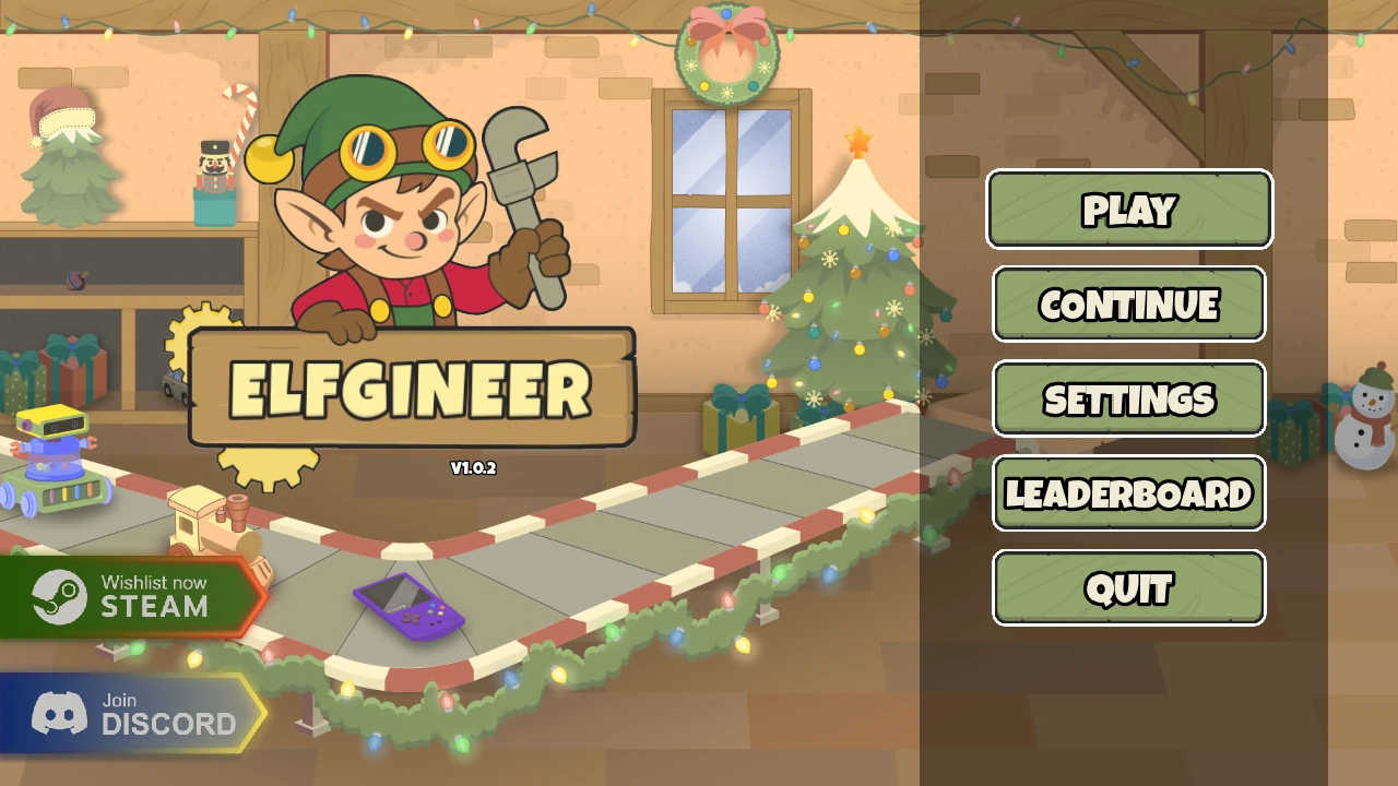 Pantalla de título de Elfgineer con el elfo ingeniero en el taller de Papá Noel
